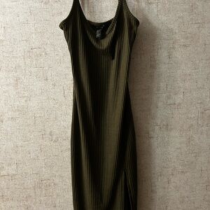 Elegant Olive Green Ribbed Dress
